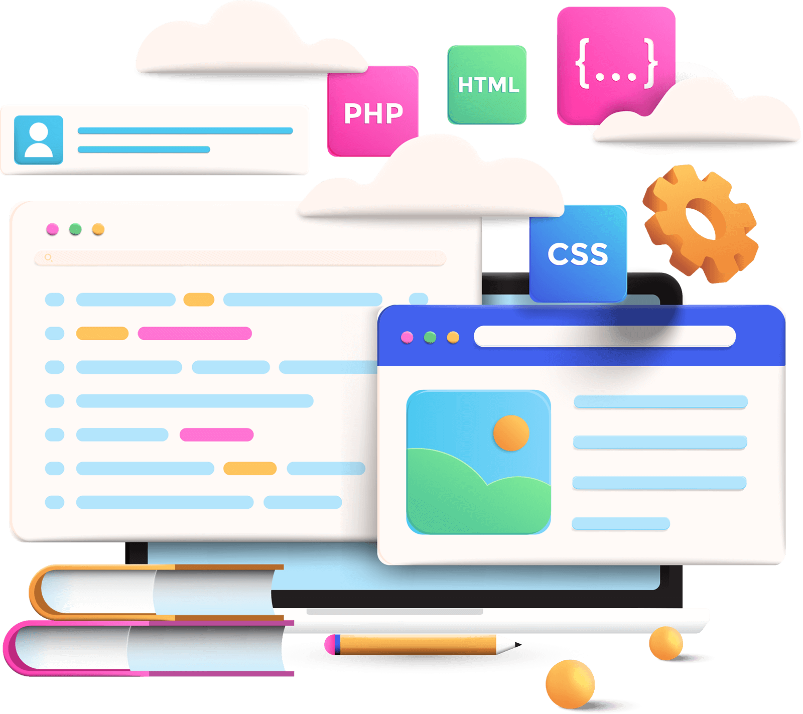illustration présentant des fenêtres informatiques au dessus desquelles flottent des nuages et des carrés de couleurs au nom des technologies du web : css, php, html